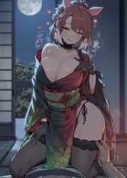 ai_generated animal_ears checkered_ribbon dantsu_flame_(umamusume) female groin horse_girl kimono off_shoulder_kimono pink_hair ponytail string string_panties thighs umamusume umamusume_pretty_derby yellow_eyes