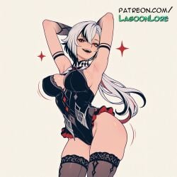 +++ ai_generated arlecchino_(genshin_impact) armpits artist_name breasts bust chest female genshin_impact gradient gradient_background hi_res highres lagoonlore long_hair open_mouth patreon patreon_username red_eyes smile solo sparkle sparkle_background thighhighs watermark