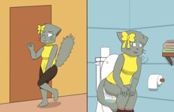 2019 anthro bathroom bittersweet_candy_bowl bow clothed clothing felid feline female fur green_eyes hair_ribbon hairbow haley_(bcb) hi_res mammal notmypornaccount omorashi open_mouth peeing pink_panties relieved ribbons shorts simple_background sitting smile solo sweater teenager toilet toilet_paper toilet_use towel turtleneck underwear urine watersports webcomic young