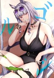 1girls animal_ears arm_support bangle beach beach_chair belt black_one-piece_swimsuit black_sandals blunt_bangs blush bracelet breasts casual_one-piece_swimsuit cleavage closed_mouth commentary_request crossed_legs dated eyewear_on_head female female_only foot_out_of_frame gold_ship_(run_revolt_launcher)_(umamusume) gold_ship_(umamusume) grin hand_in_own_hair highleg highleg_one-piece_swimsuit highres horse_ears jewelry large_breasts long_hair looking_at_viewer megao_3rd necklace ocean official_alternate_costume official_alternate_hairstyle one-piece_swimsuit outdoors purple-tinted_eyewear purple_eyes sandals seaweed signature sitting smile solo sunglasses swimsuit tinted_eyewear umamusume white_hair yellow_belt