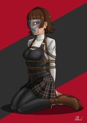 1girls 2d 2d_(artwork) alternate_version_available bondage breasts female gag gagged heel_boots heels high_heels makoto_niijima mask masked masked_female mcbound persona persona_5 persona_5_royal rope rope_bondage school_uniform schoolgirl shibari_over_clothes skirt solo tape tape_gag taped_mouth tied tied_up
