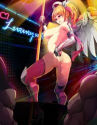 alternate_costume areolae ass blonde_hair breasts embarrassed female hand_on_ass happening18 human large_breasts mechanical_wings mercy nipples overwatch pink_mercy pussy pussy_juice sideboob solo_focus stripper stripper_pole sweat tagme wings