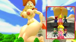 2021 2boys 2girls 3d 3d_(artwork) arms_crossed armwear ass big_ass blonde_hair blue_eyes blue_overalls brown_hair castle clothing crown dress ear_piercing eyelashes facial_hair female female_focus giantess gigantic_ass gigantic_breasts gloves goopygamer green_hat hat huge_ass huge_breasts kabalmystic_(style) large_ass large_breasts larger_female light-skinned_female light_skin long_hair luigi male mario mario_(series) mature mature_female mature_male moustache nintendo nipples outdoors overalls panties pink_dress princess princess_daisy princess_peach red_hat red_shirt royalty shirt size_difference smaller_female smaller_male thick_ass white_gloves