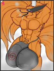 abs anthro anthro_only armpit_hair balls biceps big_balls blush bulge canid canine clothing dancing drooling fox fur huge_balls hyper hyper_balls hyper_bulge hyper_penis jockstrap kurama male male_only mammal multi_tail muscular muscular_male naruto orange_fur pecs penis pfh pole pole_dancing saliva simple_background solo sweat teeth tongue tongue_out triceps underwear white_background