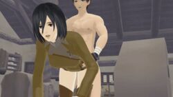 1boy 1girls 3d animated asian asian_female attack_on_titan black_hair callmesweet8 clothed_female_nude_male doggy_style eremika eren_jaeger interracial male mikasa_ackerman nude_male tagme white_male