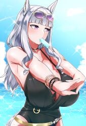 1girls absurdres animal_ears bad_id bad_pixiv_id belt black_one-piece_swimsuit blue_sky blunt_bangs bracelet breasts cleavage cloud day eyewear_on_head female female_only food food_in_mouth gold_ship_(run_revolt_launcher)_(umamusume) gold_ship_(umamusume) grey_hair highres horse_ears horse_girl horse_tail jewelry large_breasts long_hair megao_3rd necklace ocean one-piece_swimsuit popsicle sky solo sunglasses swimsuit tail umamusume wet