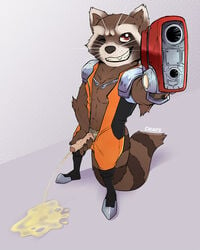 1boy anthro casual casual_nudity draite grin guardians_of_the_galaxy gun humanoid_penis looking_at_viewer male male_only mammal marvel muscular peeing penis presenting procyonid raccoon ranged_weapon rocket_raccoon smile solo uncut urine weapon