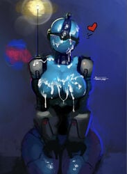 ada_(fallout) assaultron blue_skin blush breasts cum cum_on_body cum_on_breasts cum_on_face cum_on_thighs cum_on_upper_body fallout fallout_4 female heart kneeling psyk323 robot robot_girl thick_thighs wide_hips