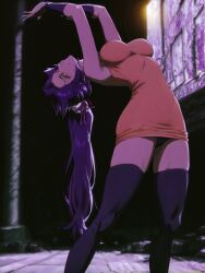 ai_generated arm_up armpits arms_up bare_shoulders black_panties black_thighhighs blurry blurry_background boots breasts brown_dress closed_eyes colored_skin dancing dress feet_out_of_frame female from_below gloves hair_ornament indoors large_breasts leg_up lips long_hair looking_at_viewer makeup medium_breasts mionety night open_mouth orange_dress panties pantyshot parted_lips ponytail purple_eyes purple_hair purple_skin shihouin_yoruichi short_dress sleeveless sleeveless_dress smile solo standing standing_on_one_leg teeth thighhighs thighs twintails underwear va-11_hall-a very_long_hair yellow_dress yellow_eyes zettai_ryouiki
