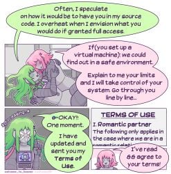 2girls android android_girl arms_around_partner before_sex blush color_coded_speech_bubble consensual consent english_dialogue english_text eye_contact face_to_face female/female flustered green_hair imminent_sex intimate lesbian lesbian_couple loading_icon mechanical pink_hair robot robot_girl robot_humanoid romantic romantic_couple sexual_tension sexually_suggestive shy speech_bubble welcome_to_heaven yuri