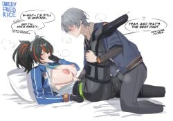 1boy 1girls big_breasts blush blushing busty cop curvea curvy english_text female grey_hair hoyoverse huge_breasts large_breasts light-skinned_female light-skinned_male light_skin male mihoyo nipples partially_clothed police police_officer police_uniform policewoman sweat sweating sweaty tagme text tomboy unrulyfriedrice wise_(zenless_zone_zero) zenless_zone_zero zhu_yuan