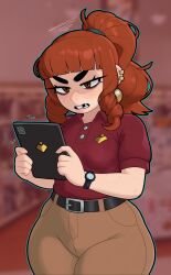 1girls alternate_version_available angry angry_expression angry_face ass big_ass big_butt brown_eyes champchidi cute ear_piercing earrings fat_ass female flat_chest freckles_on_arms huge_ass oc original_character red_hair saturday_(champchidi) text text_bubble tooth_gap watch wide_hips work_uniform workplace