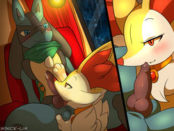 ambiguous_gender animal_genitalia animal_penis anthro balls black_fur blue_eyes blue_fur blush braixen canine_penis duo erection fur lucario male male/ambiguous nintendo orange_eyes orange_fur original_character penis pokemon pokemon_(species) precum riky scarf sitting video_games white_fur winick-lim yellow_fur