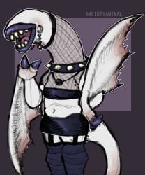 1girls anxietyanimal artist_name artist_signature belly big_lips black_choker blush choker chubby claw_polish claws clothed collar dangle_earrings drop_earrings earring earrings eyeless fishnet fishnet_clothing fishnet_shirt fishnet_topwear garter_belt garter_straps goth khezu lips lipstick long_neck miniskirt monster monster_hunter nail_polish navel necklace no_eyes open_mouth outline painted_claws painted_nails pale pale_body pale_skin pendant pendant_necklace piercing piercings purple_claws purple_lipstick purple_nail_polish purple_nails sharp_teeth shiny_skirt simple_background skindentation skirt solo spiked_choker spiked_collar standing stockings striped_stockings striped_thighhighs tail teeth thigh_highs thighhighs tube_top turtleneck waving waving_at_viewer white_body white_outline white_skin wings wyvern