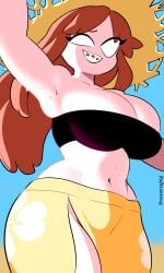 beach beach_wear beachwear below below_subject below_view black_top black_topwear blue_background blue_sky blurred_background braces breedable_hips brown_hair child_bearing_hips cleavage clothes coco_(quavernsfw) exposed_midriff exposed_thigh female female_focus female_only flirtatious flirting flirty flirty_expression flirty_eyes grin grinning grinning_at_viewer huge_ass huge_ass_(female) huge_breasts huge_thighs huge_tiddies large_ass large_thighs mommy mommy_milkers original pov quavernsfw sand sexy sexy_body sexy_female skirt small_top sun_hat sweat sweating tall_female thicc thicc_ass thicc_breasts thicc_thighs thick thick_ass thick_butt thick_legs thick_thighs tits tits_bigger_than_head upperboob viewed_from_below watermark white_skin yellow_bottomwear yellow_skirt