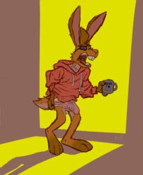 1boy anthro bulge clothing coffee_cup english_text eye_patch eyewear hoodie lagomorph male male_only mammal open_mouth orf penis_outline rabbit solo text yawn