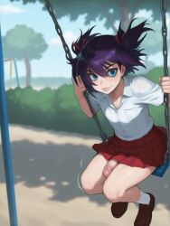 1boy 2d_animation ai_assisted ai_generated animated blue_eyes checkered_skirt crossdressing femboy hair_ribbon large_penis lips otoko_no_ko outdoors park playground purple_hair skirt solo swing swinging swinging_penis tagme video white_shirt