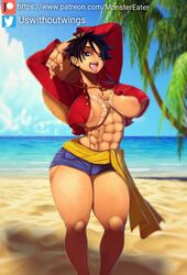 beach big_breasts black_hair breasts clothing female female_only freckles hair large_breasts luffyko monkey_d_luffy muscular muscular_female one_piece open_mouth rule_63 shorts solo standing thick_thighs tongue tongue_out uswithoutwings