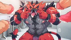 2019 5boys abs anthro ashendawger bara bathroom big_penis black_fur body_hair bukkake chest_hair claws cum cum_in_mouth cum_inside cum_on_chest detailed_background ejaculation erection faceless_male facial felid feline front_view fur furry gay human humanoid_penis incineroar interspecies looking_at_viewer male male_only mammal multicolored_fur muscular muscular_male navel nintendo nipples open_mouth penis pokémon_(species) pokemon pokemon_sm red_fur saliva solo solo_focus standing stripes tongue video_games yaoi