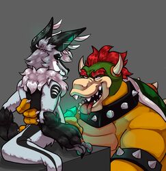 anthro bowser claws collar digital_media_(artwork) doost duo erection fur hair hi_res horn keldric_usugi koopa male male_only mario_(series) nintendo open_mouth oral penis scalie sex simple_background smile spikes teeth tongue tongue_out video_games yaoi