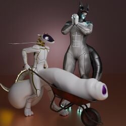 1:1 2025 3_toes 3d_(artwork) 4_toes abs absurd_res antennae_(anatomy) anthro athletic athletic_male balls big_balls big_penis blep blue_tongue blush claws collar countershading digital_media_(artwork) digitigrade duo eyewear eyewear_on_head featureless_crotch feet finger_claws foreskin genitals glans glasses glasses_on_head golden_markings grey_body hands_together happy hi_res horn huge_balls huge_cock humor hyper hyper_balls hyper_genitalia hyper_penis komuros larger_male leash machine male male/male male_anthro meme morzsa morzsa_(artist) nude_male penis pupils robot robot_anthro screen screen_face simple_background size_difference slim_male slit_pupils smaller_male smile standing synth_(vader-san) tail thick_foreskin toe_claws toes tongue tongue_out unretracted_foreskin wheelbarrow white_body white_countershading