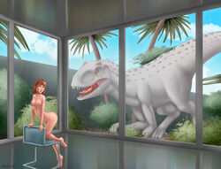 ass barefoot blue_eyes breasts claire_dearing dinosaur feet female indominus_rex jurassic_park jurassic_world looking_at_viewer naked naked_female nude nude_female on_chair red_hair teasing uselessboy