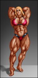 abs arms_behind_head b9tribeca barefoot big_muscles bikini blonde_hair bodybuilder extreme_muscles female green_eyes lisa_cross muscular muscular_female navel pose solo thick_thighs