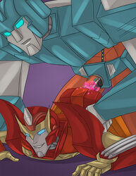 alien ambiguous_gender ambiguous_penetration autobot biting_lip blue_eyes colored_cum cum cum_inside cybertronian duo from_behind_(disambiguation) from_behind_position humanoid living_machine machine male male/ambiguous male_only open_mouth penetration pink_cum robot rodimus sex simple_background size_difference smile strawberryspike teeth transformers ultra_magnus unusual_cum