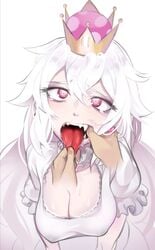 ahe_gao boosette cute eye_contact fangs female fringe heavy_breathing innocent kid_(artist) looking_at_viewer mario_(series) mouth_hold new_super_mario_bros._u_deluxe nintendo open_mouth pink_eyes pov saliva saliva_string sharp_teeth tagme teenager throat thumb_in_mouth tongue tongue_grab tongue_out white_hair