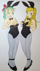 2girls artist_request blonde_hair blue_eyes blue_hair bowtie breast_envy breast_fondling breast_grab breast_squeeze bulma bulma_(bunny) bulma_briefs bunny_costume bunny_ears bunny_girl bunny_tail bunnysuit clothed clothing detached_collar dragon_ball dragon_ball_(classic) female grabbing_own_breasts hair_ribbon heels hourglass_figure human long_hair older_sister open_mouth pantyhose ribbon self_breast_fondle siblings sisters smile teenage_bulma teenager tied_hair tights_(dragon_ball) tights_briefs wrist_cuffs younger_sister