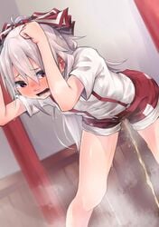 1girls 2019 blush breasts clothed clothed_female clothing female female_only fetish fujiwara_no_mokou fully_clothed human mikanburo292 omorashi open_mouth peeing peeing_self pink_eyes shirt shoes shorts silver_hair small_breasts solo spread_legs sweat tongue touhou urinating_in_bottomwear urine watersports wetting