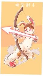 1boy 2019 abstract_background animal anthro anthro_only balls bow_(weapon) brown_fur clothing foreskin fur furry furry_only headband japanese_text kemono male male_only mammal multicolored_fur no_humans no_nipples nude nude_male orange_background original original_character pawpads paws penis rabbit red_eyes shortstack simple_background small_penis solo tail784822345 uncut underwear white_fur