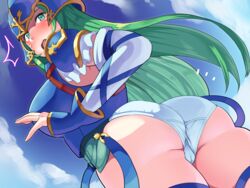 1girls armor ass blush boris_(noborhys) cameltoe female female_only fire_emblem fire_emblem:_path_of_radiance fire_emblem:_radiant_dawn green_eyes green_hair helmet human long_hair looking_at_viewer looking_back nephenee_(fire_emblem) nintendo open_mouth panties sky solo sweat sweatdrop teal_eyes underwear white_panties white_underwear