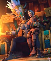 2girls 3d areolae big_breasts blizzard_entertainment breasts female female_only human jaina_proudmoore nipples nude princess_talanji throne troll_(warcraft) troll_female valnoressa warcraft world_of_warcraft yuri zandalari_troll