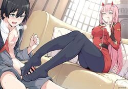 1boy 1girls aqua_eyes bar_censor black_hair black_legwear blush censored chicke_iii clothed_female collarbone couch cum darling_in_the_franxx eyebrows_visible_through_hair feet female footjob footjob_with_legwear green_eyes hair_between_eyes hairband heavy_breathing highres hiro_(darling_in_the_franxx) horns long_hair military military_uniform open_clothes open_mouth open_shirt pantyhose penis pink_hair scar sitting small_penis sweatdrop tongue tongue_out twitter_username uniform very_long_hair white_hairband zero_two_(darling_in_the_franxx)