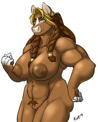 1girls 2019 5_fingers abs anthro big_areolas big_breasts blonde_hair blue_eyes bovid bovine braided_hair breasts brown_hair cattle ein_(artist) facial_markings female hair huge_breasts looking_at_viewer mammal markings muscular nipples nude pussy solo