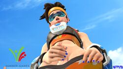 1futa 3d alternate_costume brown_hair futa_only futanari holding_penis intersex looking_at_viewer low-angle_view netfuta overwatch small_penis smug solo_futa sports_uniform sportswear sprinter_tracer sweat tracer worm's-eye_view