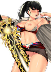 absurdres areolae armpits black_hair blade_&_soul blush breasts breasts_out coat commentary cowboy_shot english_commentary female highres huge_filesize large_breasts long_hair looking_at_viewer masturbating_with_weapon masturbation millipen_(medium) navel nipples no_panties one_breast_out one_eye_closed open_clothes open_coat open_mouth ponytail pubic_hair purple_eyes skirt solo sweat sword torn_clothes traditional_media weapon white_background xtermination