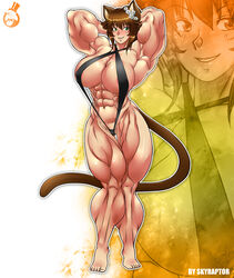 abs animal_ears armpits arms_behind_head barefoot biceps big_muscles bikini breasts brown_hair cat_ears cat_tail cleavage extreme_muscles female flower flower_in_hair green_eyes large_breasts looking_at_viewer muscles muscular muscular_female navel pose skyraptor sling_bikini smile solo tail thick_thighs