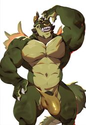 abs anthro balls biceps big_muscles black_penis bulge claws clothing dragon facial_piercing flexing green_scales horn_ring icarus_(darkgem) looking_at_viewer male male_only muscular muscular_male navel nose_piercing nose_ring open_mouth pecs penis piercing pose scales smile solo tan_scales taoren teeth thong