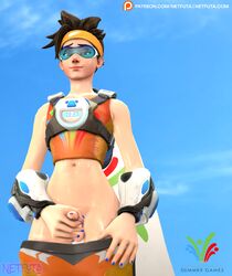 1futa 3d alternate_costume brown_hair chode futanari holding_penis intersex netfuta overwatch small_penis small_penis_futa smug solo_futa sports_uniform sportswear sprinter_tracer sweat tracer