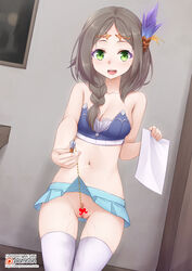 1girls alternate_costume atelier_(series) atelier_firis bangs bare_arms bare_shoulders blue_bra blush bra breasts brown_hair censored cleavage collarbone commentary crystal curvy dot_nose english_commentary feet_out_of_frame female female_only firis_mistlud green_eyes hair_ornament hair_over_shoulder heart heart_censor highres holding holding_paper long_hair looking_at_viewer mechanical_pencil medium_breasts miniskirt navel no_panties open_mouth paper parted_bangs patreon_logo patreon_username pencil pussy pussy_juice red_heart skirt skirt_lift smile solo strapless strapless_bra thighhighs tiara underwear upper_teeth vahn_yourdoom watermark web_address