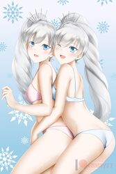 2girls bikini blue_eyes bra breasts cleavage clone clonecest female female_only human kimmy77 panties rwby scar smiling twincest twins weiss_schnee white_hair