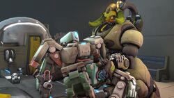 3d ambiguous_gender anal anal_fingering anus arm_grab bastion_(overwatch) blizzard_entertainment cum_from_ass duo erection fingering horn lying machine male male/ambiguous masturbation omnic on_back orisa overwatch penis precum raised_leg robot rtsfm sex video_games