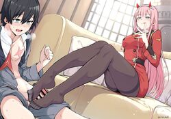 1boy 1girls black_legwear censored chicke_iii clothed_female cum darling_in_the_franxx duo footjob footjob_with_legwear hiro_(darling_in_the_franxx) pantyhose penis zero_two_(darling_in_the_franxx)