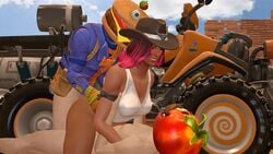 1girls 2boys 3d anal anal_penetration arm_band beef_boss_(fortnite) biting_lip biting_own_lip calamity_(fortnite) clenched_teeth cowboy_hat dark-skinned_female dark_skin double_penetration fortnite interracial koolsfm looking_forward no_panties no_pants tagme teeth_clenched threesome tomatohead vaginal_penetration