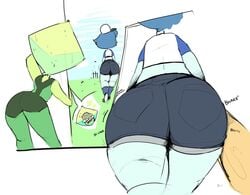 ass baseball_cap baseball_hat big_ass black_eyes blue_hair blue_skin bubble_butt cartoon_network dat_ass elchilenito fat_ass female_only from_behind gem_(species) huge_ass jean_shorts lapis_lazuli_(bob) lapis_lazuli_(steven_universe) large_ass peridot_(steven_universe) short_hair shorts steven_universe thick_thighs white_background