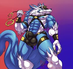 anthro blue_fur capcom cop darkstalkers furry furry_only gallon handcuffs hat hungothenomster jon_talbain male male_only no_humans police_officer police_uniform solo solo_male underwear vampire_savior were werewolf white_fur wolf