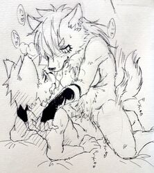 1boy 2019 ambiguous_fluids animal anthro anthro_on_anthro anthro_only blush breasts canine cowgirl_position cum cum_in_pussy cum_inside dialogue duo featureless_breasts female female_on_top female_penetrated fur furry furry_only japanese_text kemono kissing making_out male male_penetrating mammal momomanji monochrome no_humans no_nipples nude nude_female nude_male open_mouth original original_character pussy pussy_juice sex simple_background sketch straight text tongue tongue_out topless vaginal_insertion vaginal_penetration vaginal_secretions white_background wolf