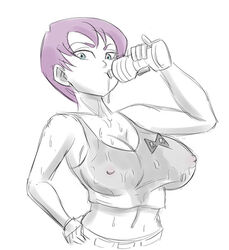 1girls belly breasts clothed clothing colonel_violet dragon_ball dragon_ball_(classic) drinking erect_nipples erect_nipples_under_clothes female funsexydragonball human navel nipples purple_hair short_hair solo sweat tank_top